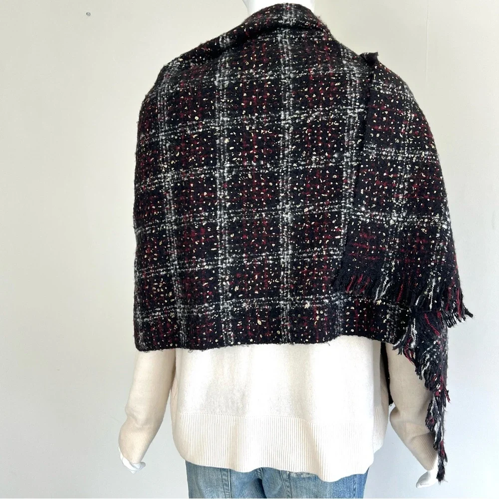 MICHAEL KORS Multicolored Plaid Tweed Gold Foil Knit Soft Long Shawl Wrap Scarf